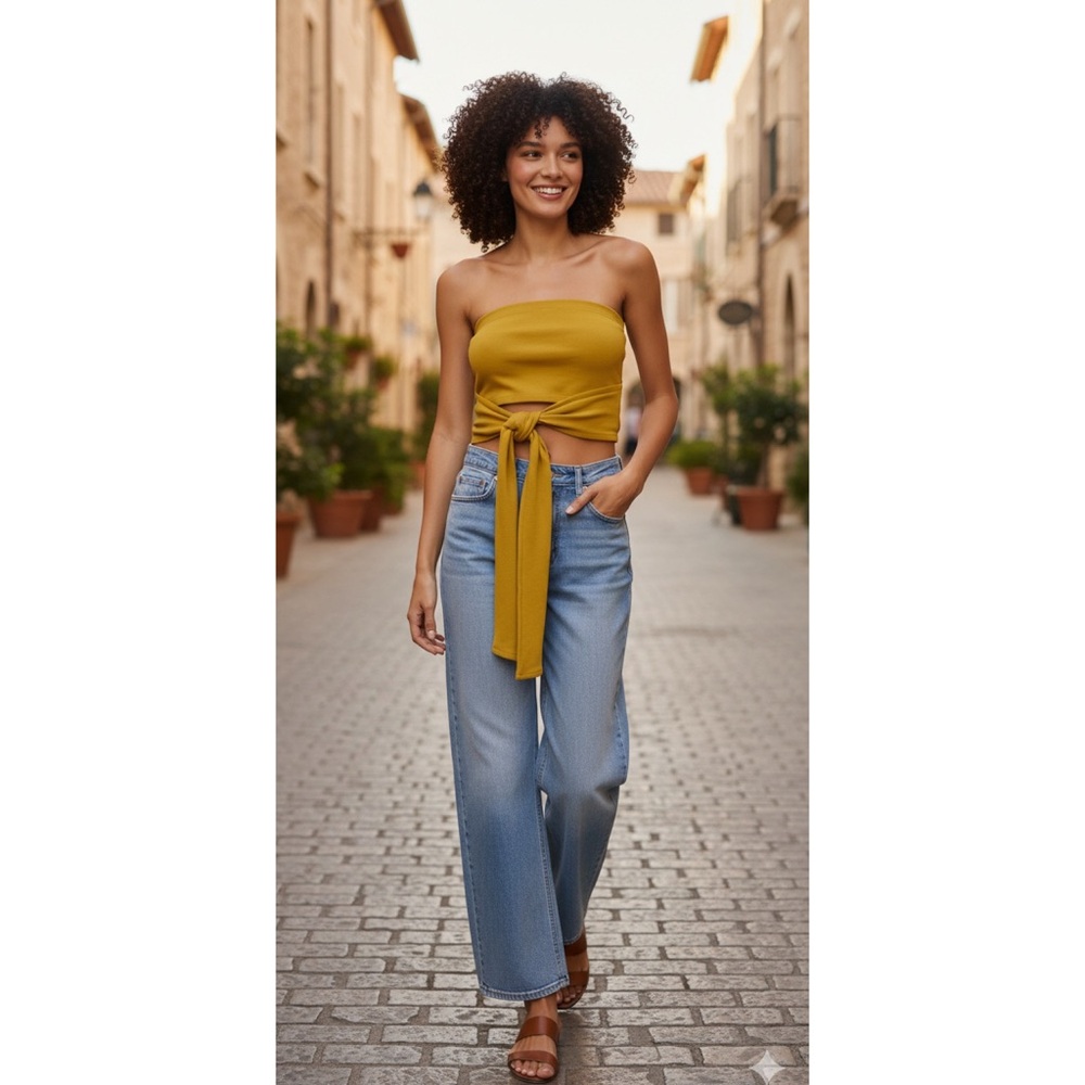 The Drop Amal Convertible‎ Halter Wrap Top Mustard Yellow Crop Tank NWT